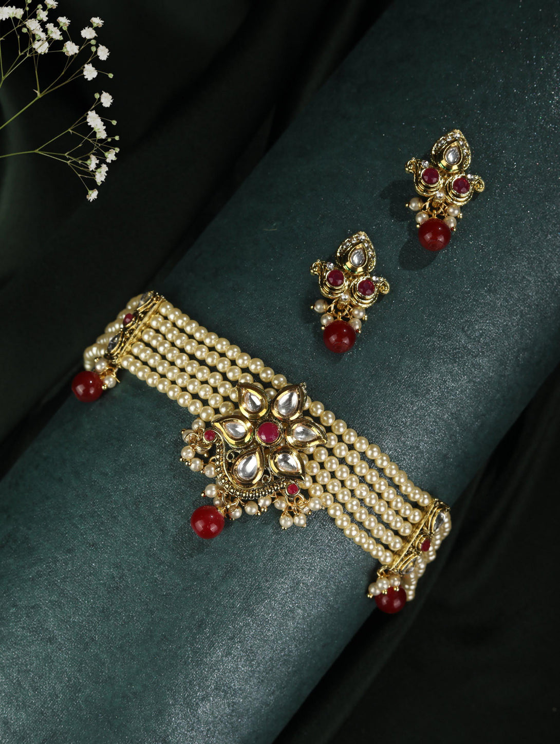 Women's Maroon Kundan Gold Plated Choker Set - Priyaasi - Indiakreations