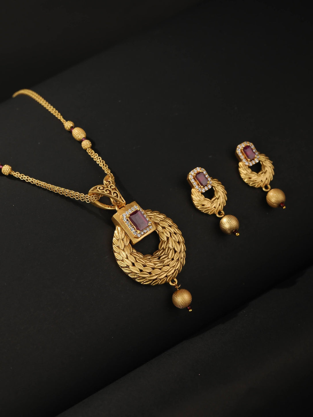 Women's Leaf Twirl - Maroon Ruby American Diamond Gold Plated Jewellery Set - Priyaasi - Indiakreations