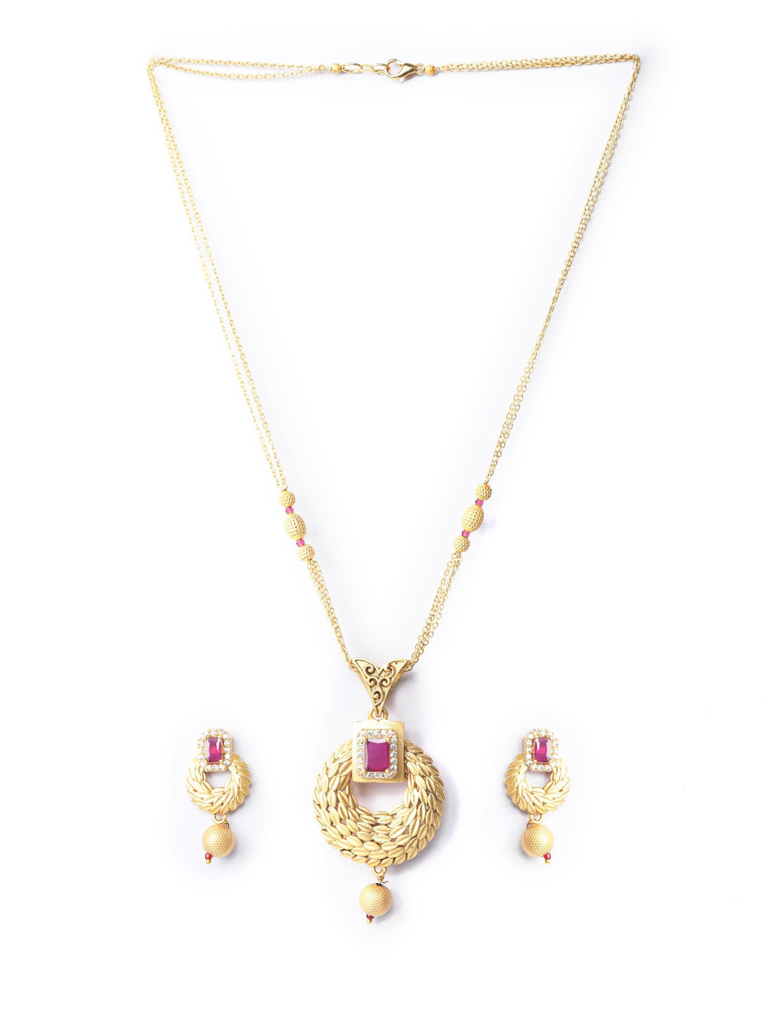 Women's Leaf Twirl - Maroon Ruby American Diamond Gold Plated Jewellery Set - Priyaasi - Indiakreations