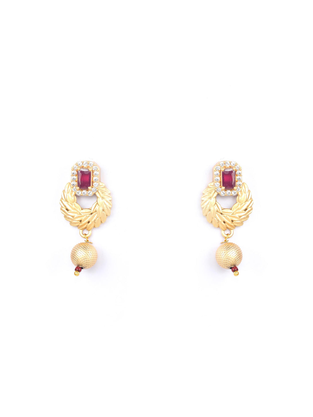 Women's Leaf Twirl - Maroon Ruby American Diamond Gold Plated Jewellery Set - Priyaasi - Indiakreations