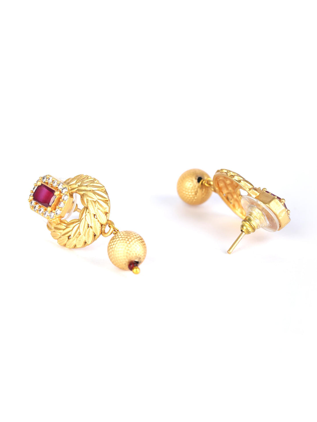 Women's Leaf Twirl - Maroon Ruby American Diamond Gold Plated Jewellery Set - Priyaasi - Indiakreations