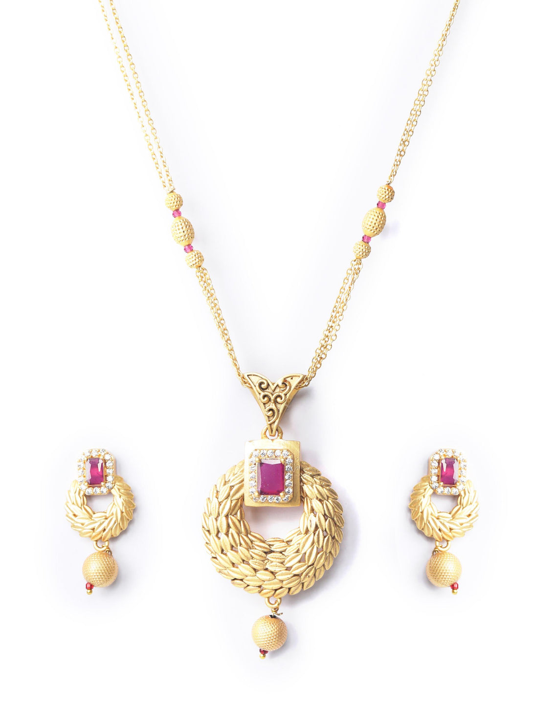 Women's Leaf Twirl - Maroon Ruby American Diamond Gold Plated Jewellery Set - Priyaasi - Indiakreations