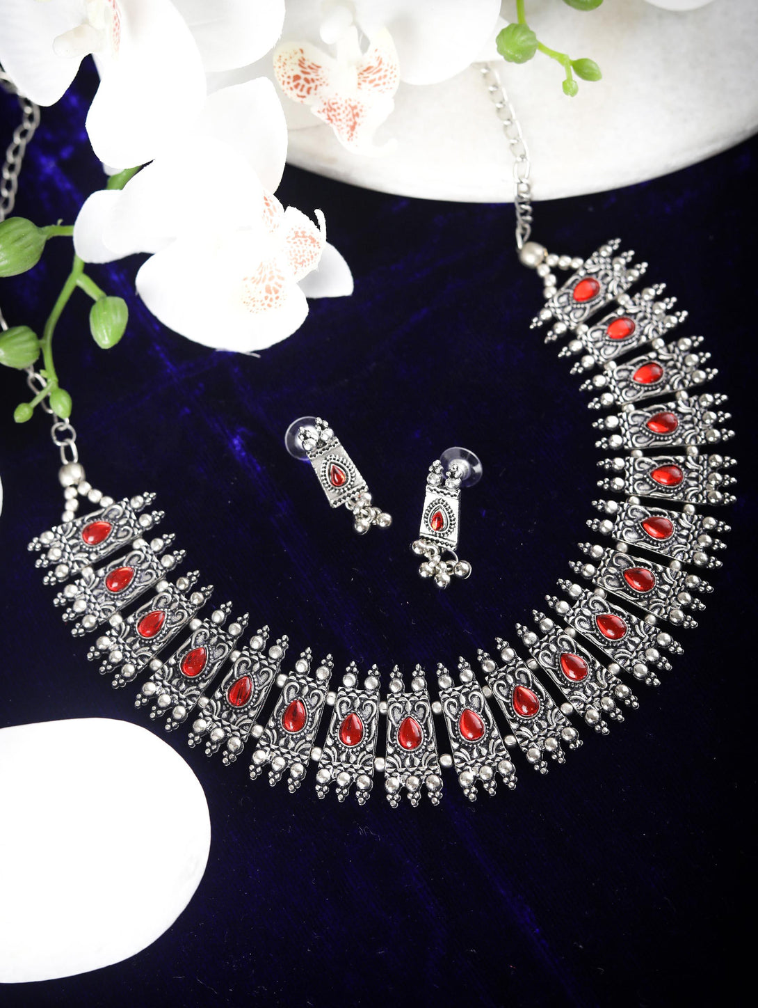 Women's Red Stones Studded Silver Plated Jewellery Set - Priyaasi - Indiakreations