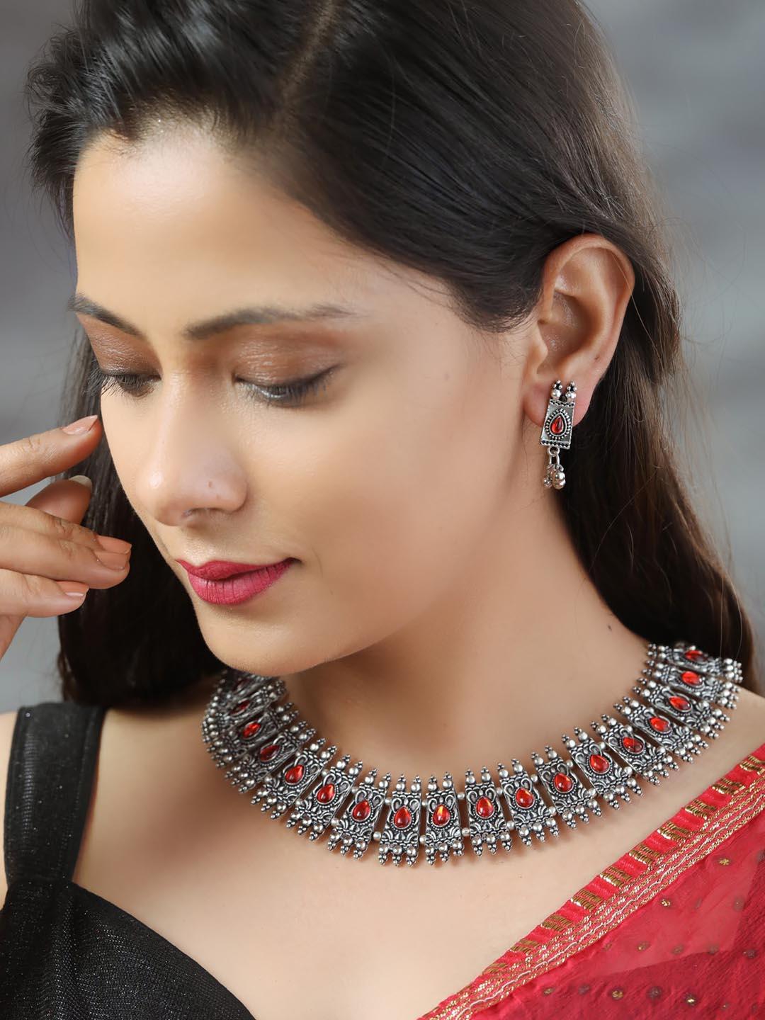 Women's Red Stones Studded Silver Plated Jewellery Set - Priyaasi - Indiakreations