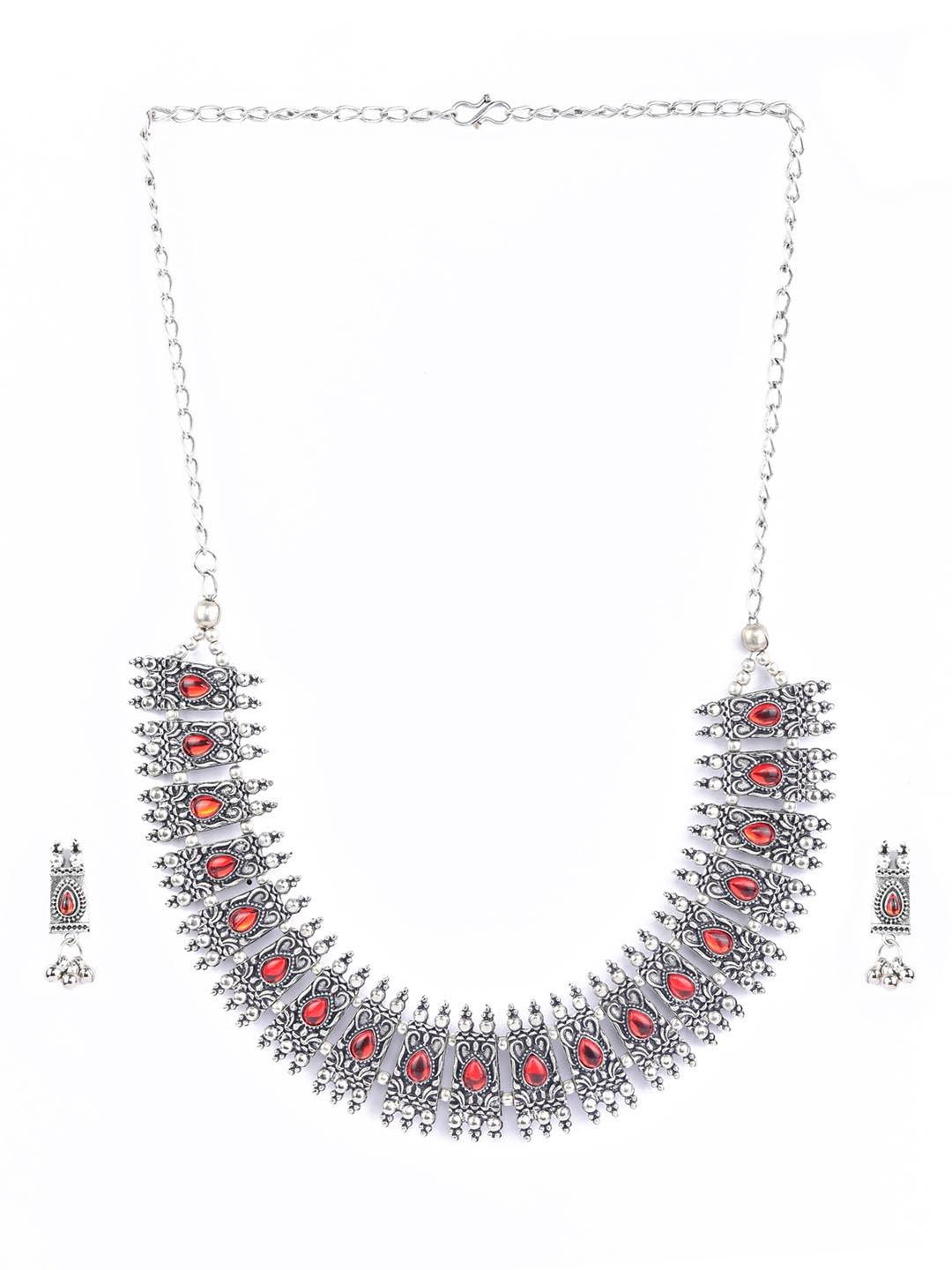 Women's Red Stones Studded Silver Plated Jewellery Set - Priyaasi - Indiakreations