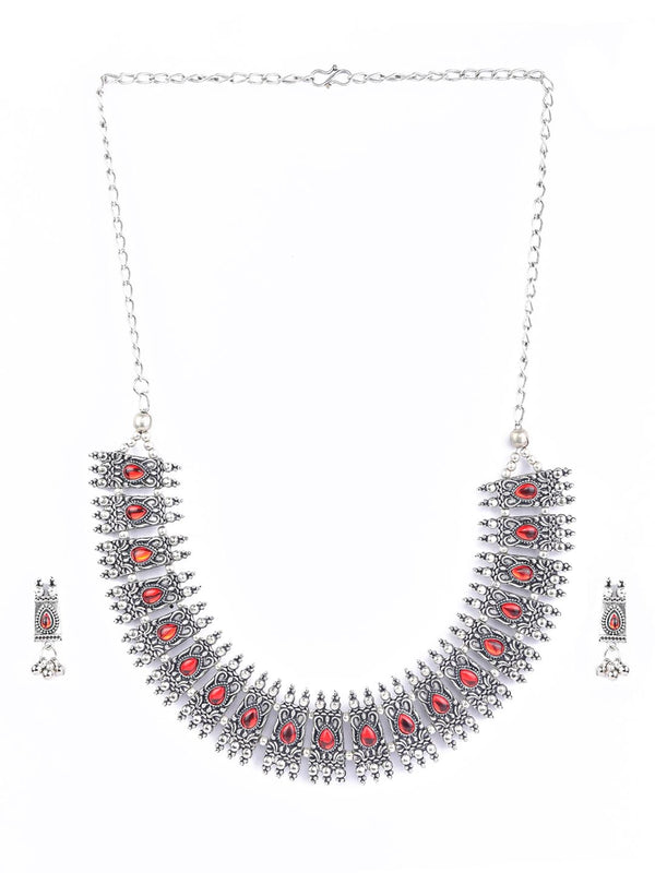 Women's Red Stones Studded Silver Plated Jewellery Set - Priyaasi