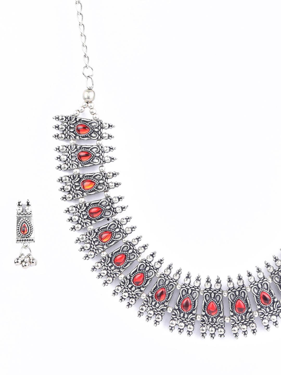 Women's Red Stones Studded Silver Plated Jewellery Set - Priyaasi - Indiakreations