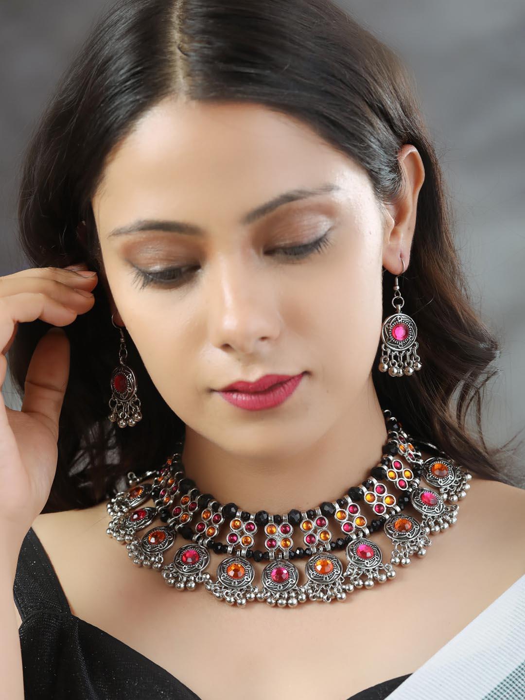 Women's Seasons Magic - Multi-Color Stones Silver Plated Choker Set - Priyaasi - Indiakreations