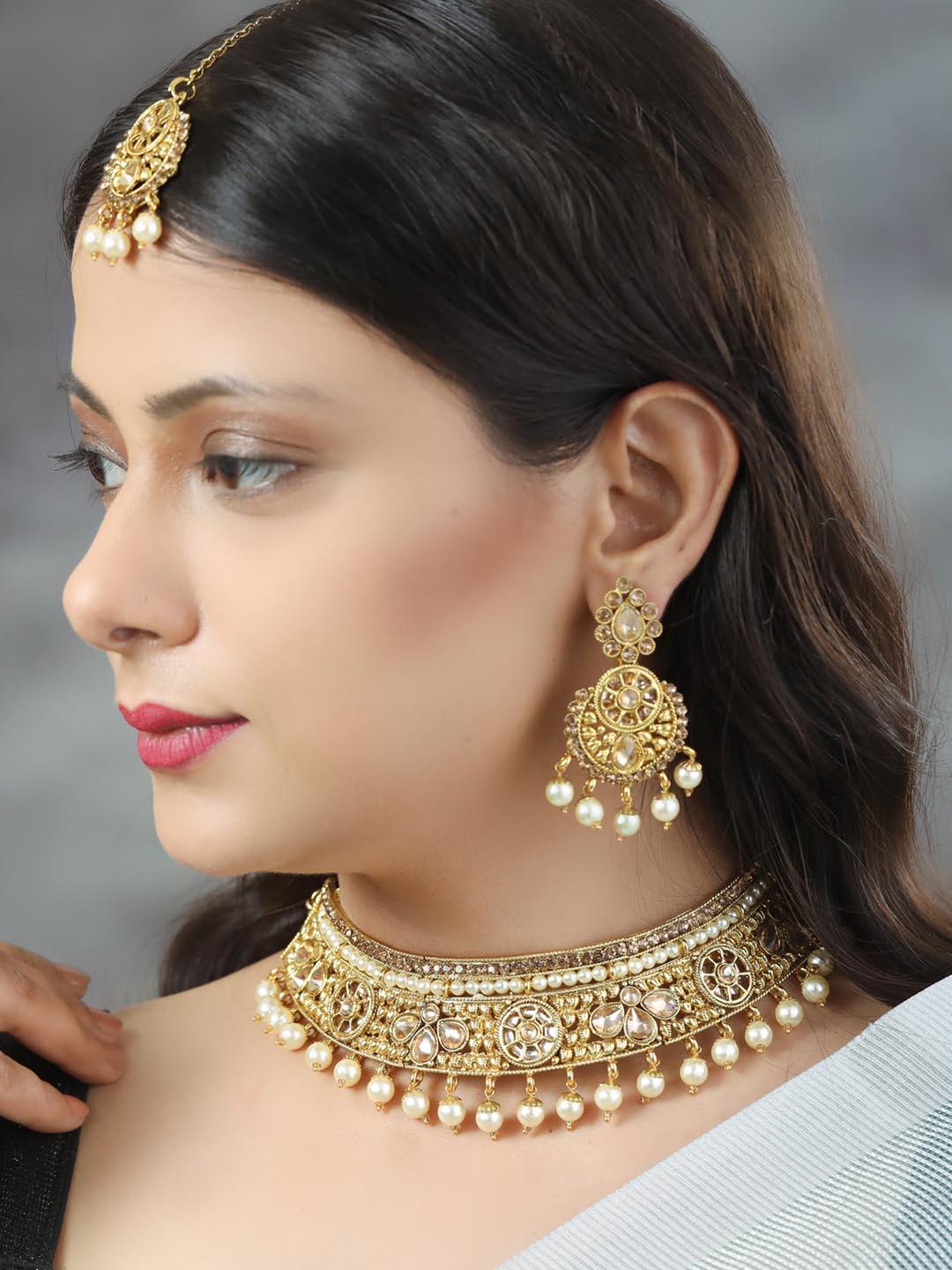 Women's White Kundan Gold Plated Choker Set with MaangTikka - Priyaasi - Indiakreations