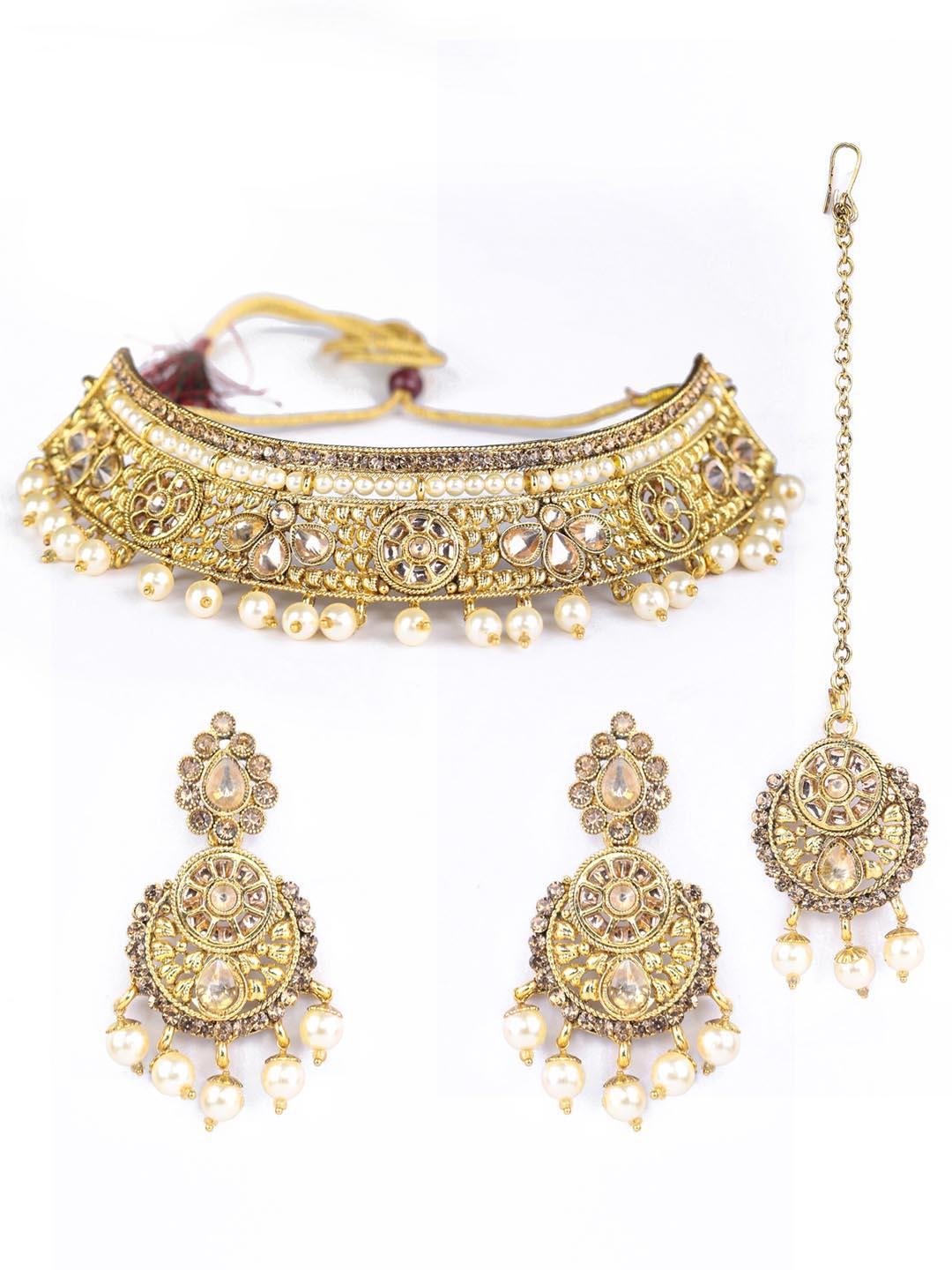 Women's White Kundan Gold Plated Choker Set with MaangTikka - Priyaasi - Indiakreations