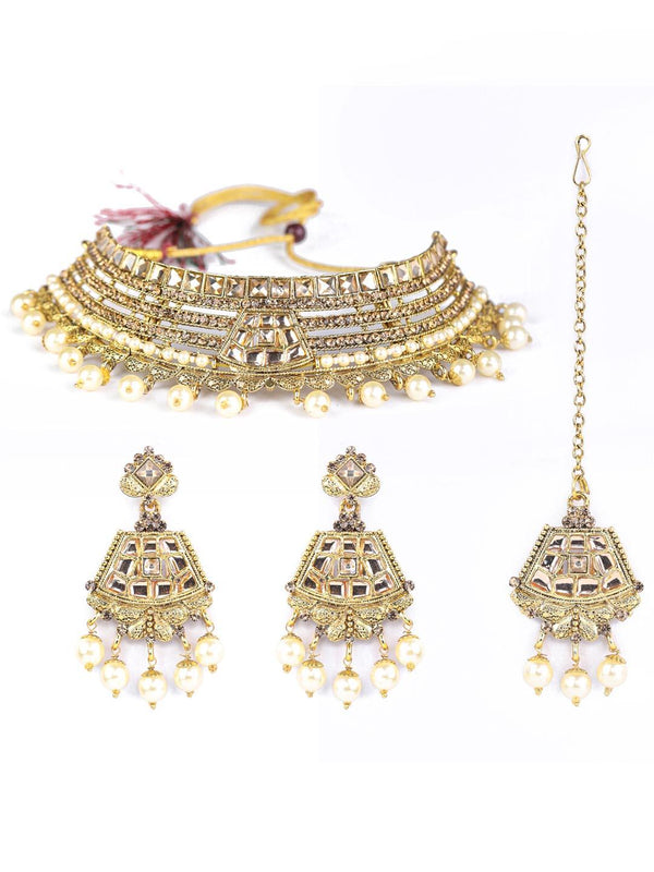 Women's White Kundan Gold Plated Choker Set with MaangTikka - Priyaasi - Indiakreations