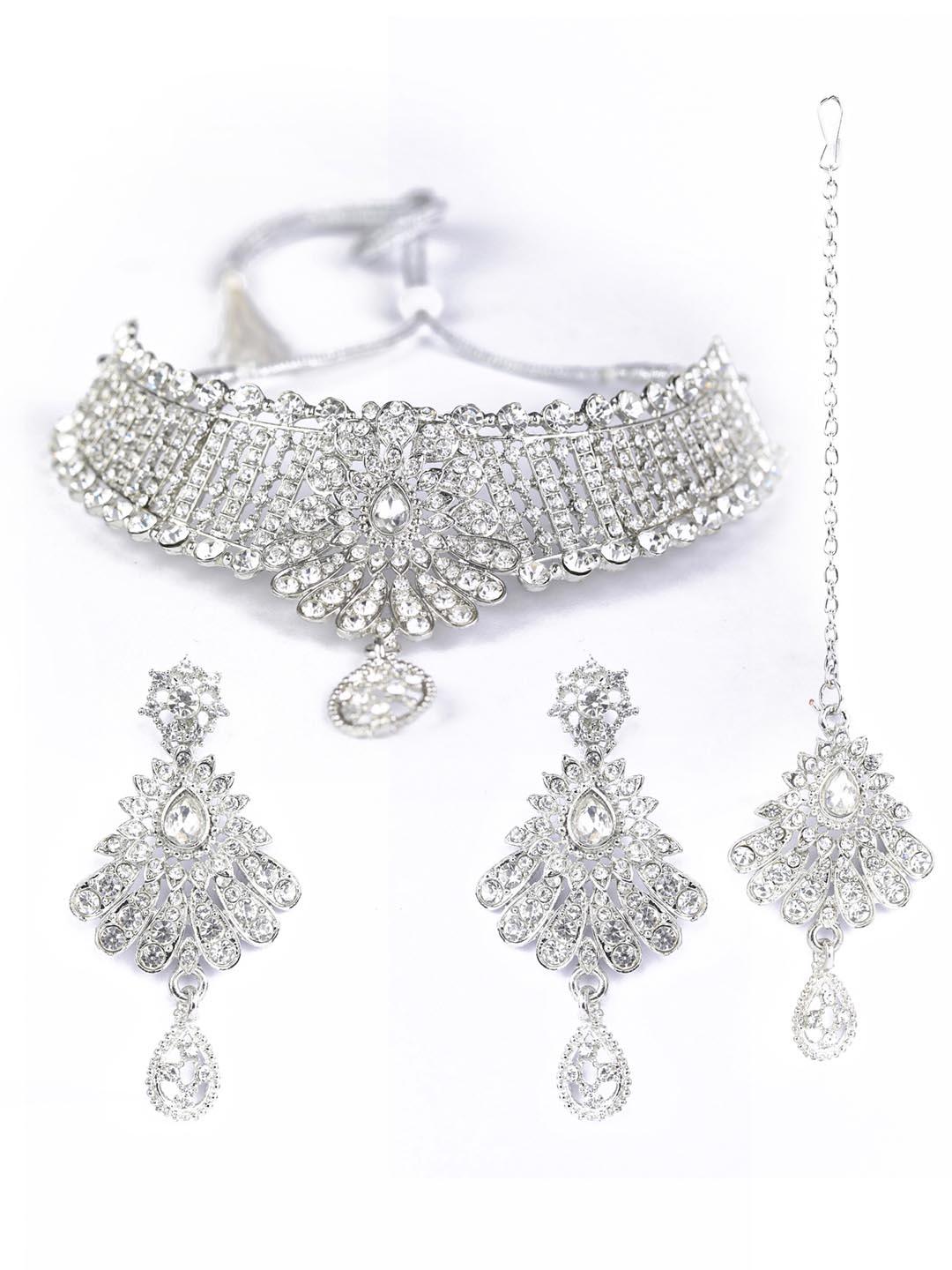 Women's Floral Luster - Kundan Silver Plated Choker Set with MaangTikka - Priyaasi - Indiakreations