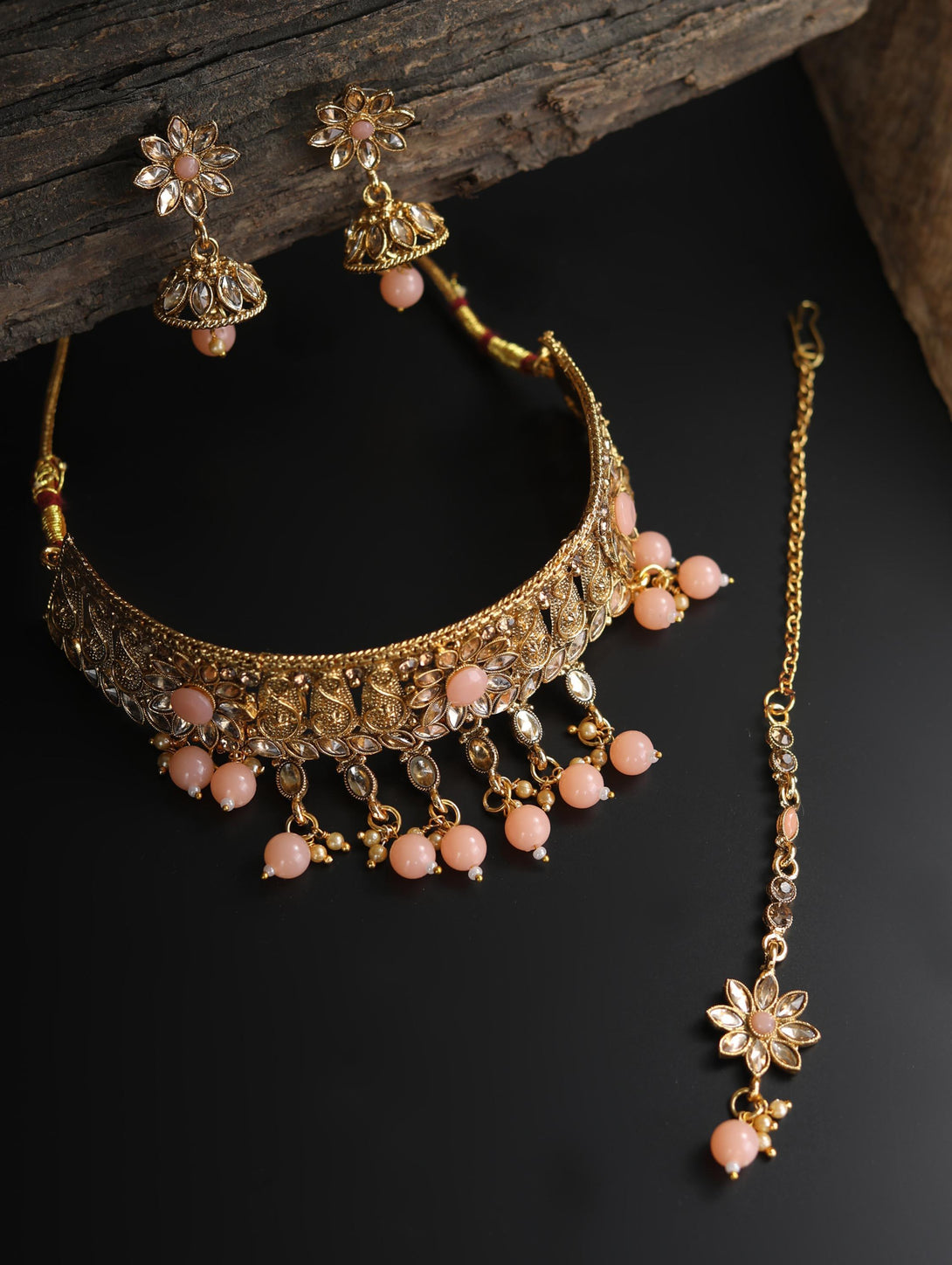 Women's Pink Kundan Gold Plated Choker Set with MaangTikka - Priyaasi - Indiakreations