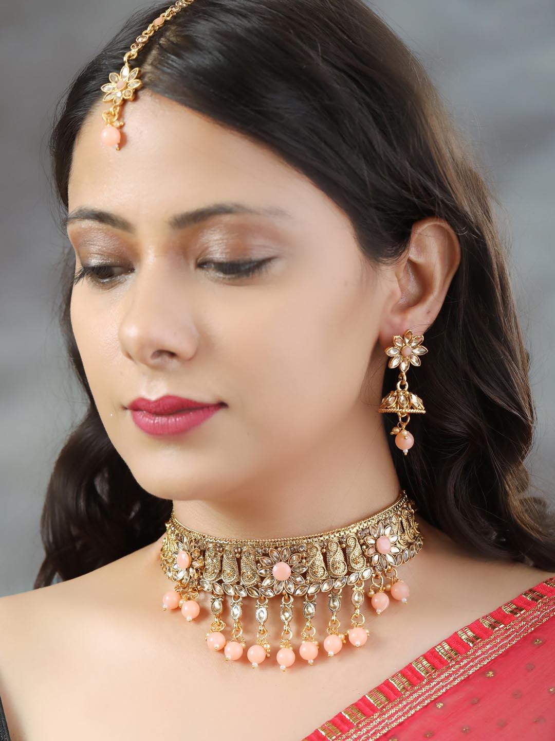 Women's Pink Kundan Gold Plated Choker Set with MaangTikka - Priyaasi - Indiakreations