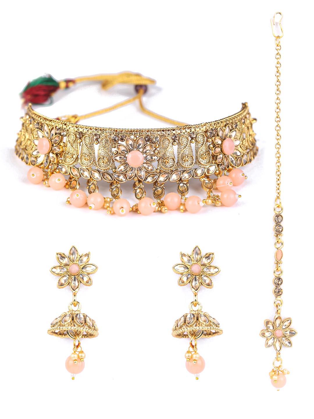 Women's Pink Kundan Gold Plated Choker Set with MaangTikka - Priyaasi - Indiakreations