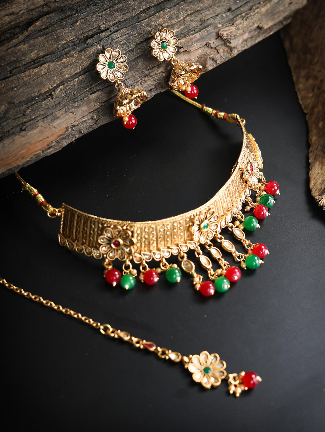 Women's Multi-Color Kundan Gold Plated Choker Set with MaangTikka - Priyaasi - Indiakreations