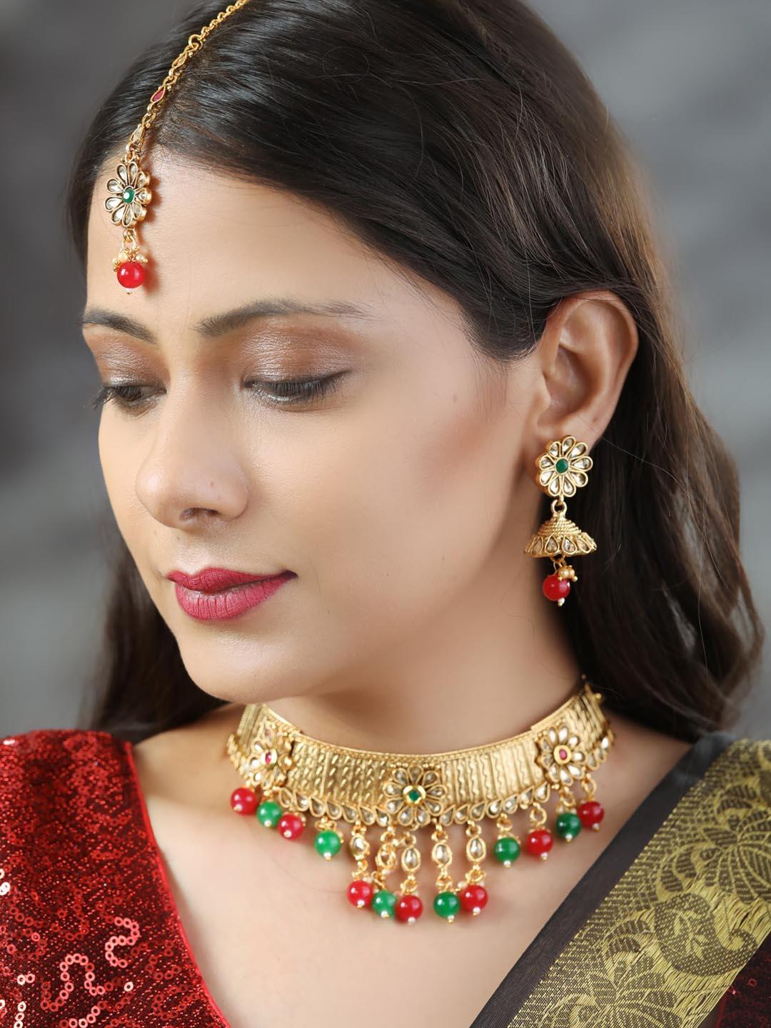 Women's Multi-Color Kundan Gold Plated Choker Set with MaangTikka - Priyaasi - Indiakreations