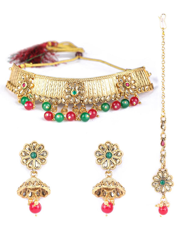 Women's Multi-Color Kundan Gold Plated Choker Set with MaangTikka - Priyaasi