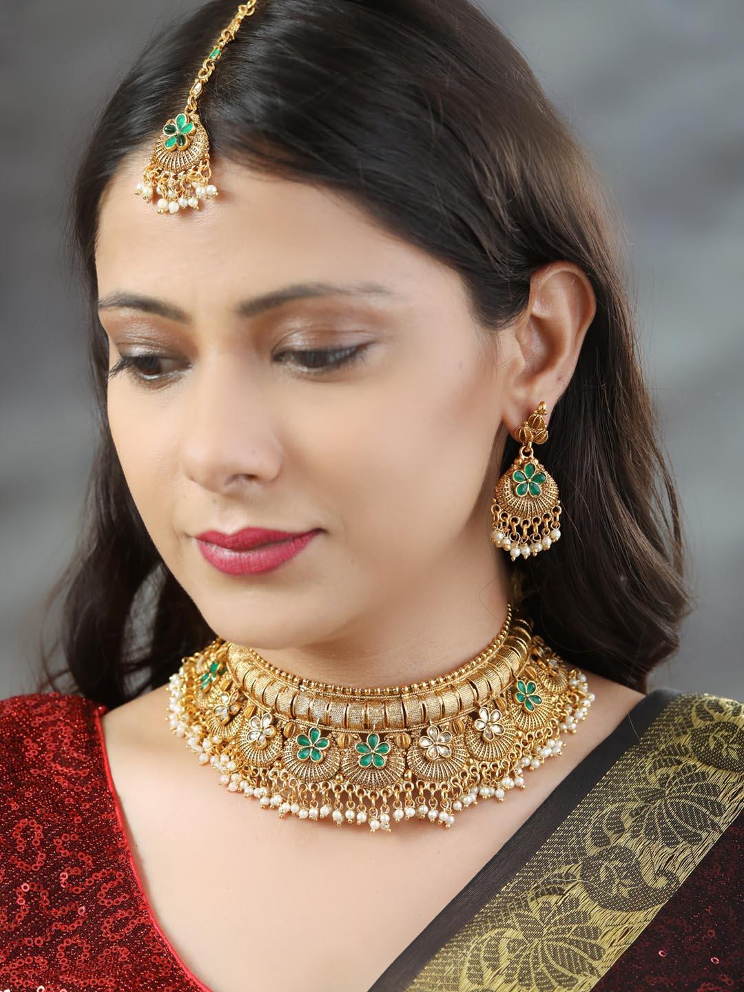 Women's SunShine - Kundan Green Gold Plated Choker Set with MaangTikka - Priyaasi - Indiakreations