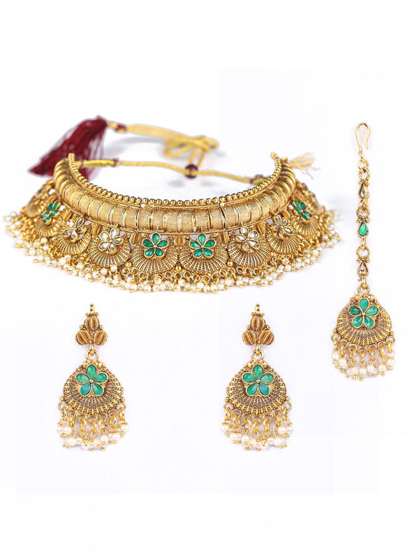 Women's SunShine - Kundan Green Gold Plated Choker Set with MaangTikka - Priyaasi