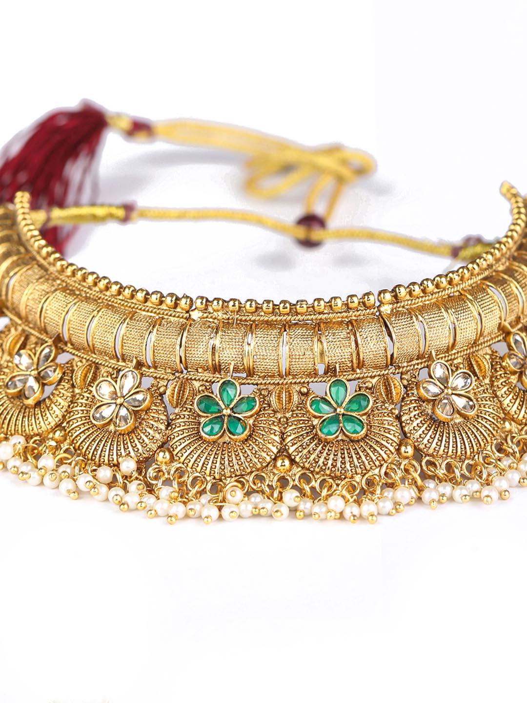 Women's SunShine - Kundan Green Gold Plated Choker Set with MaangTikka - Priyaasi - Indiakreations