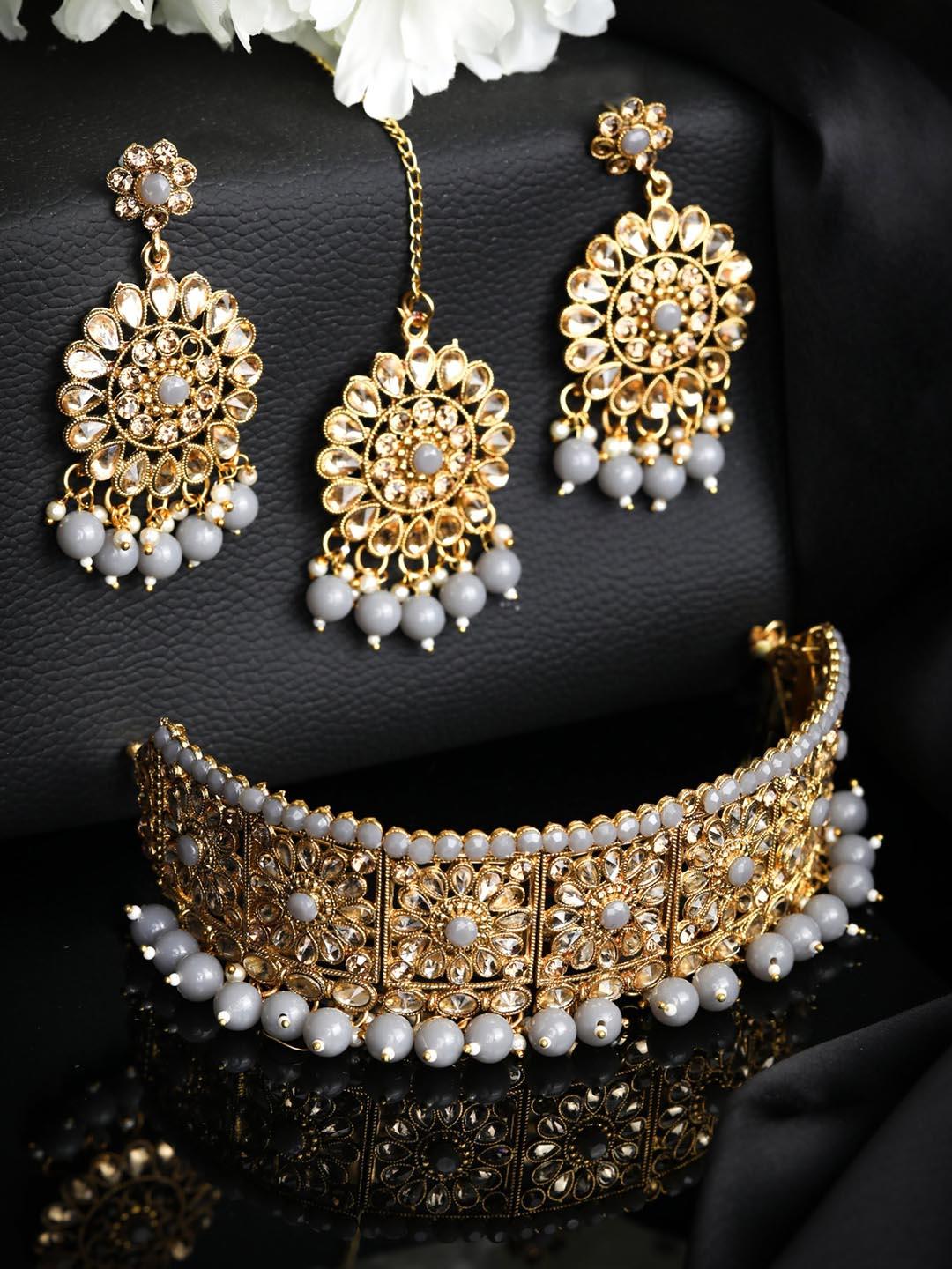 Women's Grey Kundan Gold Plated Choker Set with MaangTikka - Priyaasi - Indiakreations