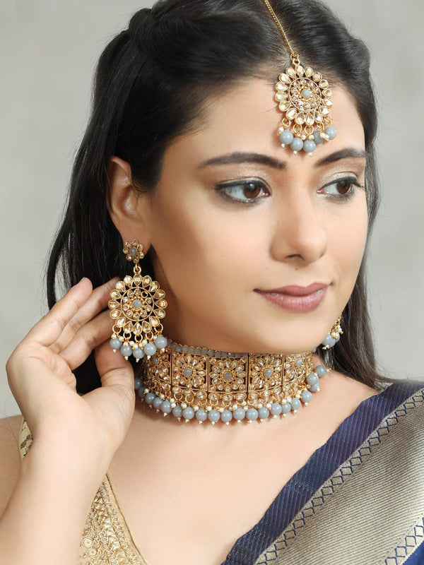 Women's Grey Kundan Gold Plated Choker Set with MaangTikka - Priyaasi - Indiakreations