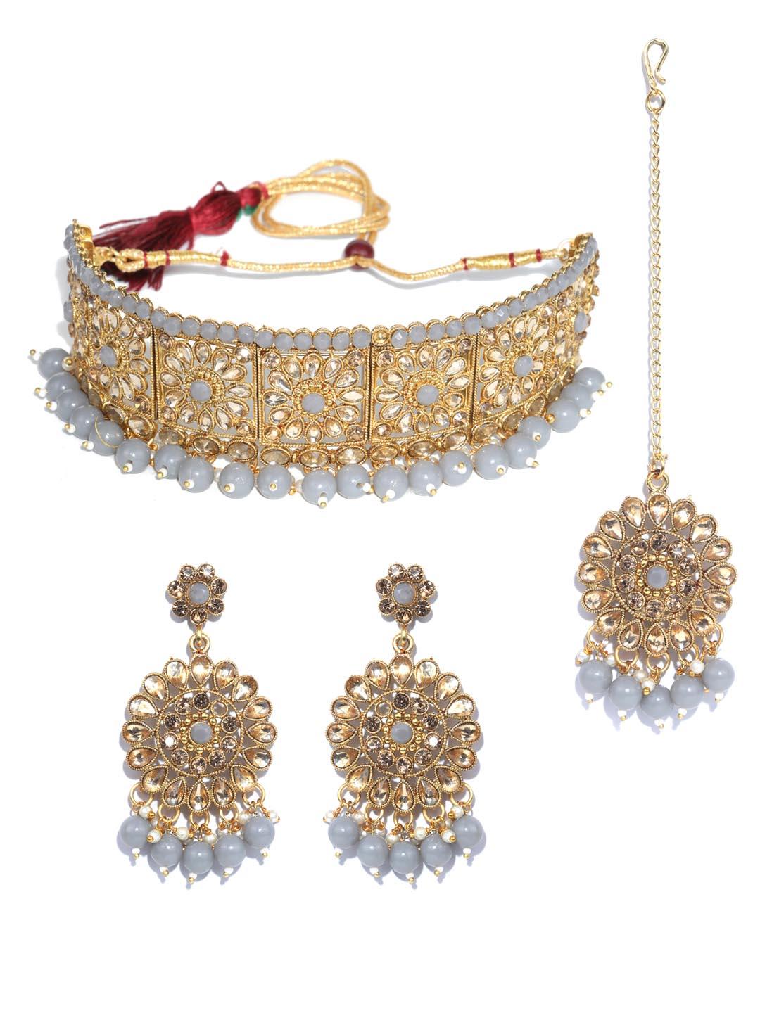 Women's Grey Kundan Gold Plated Choker Set with MaangTikka - Priyaasi - Indiakreations