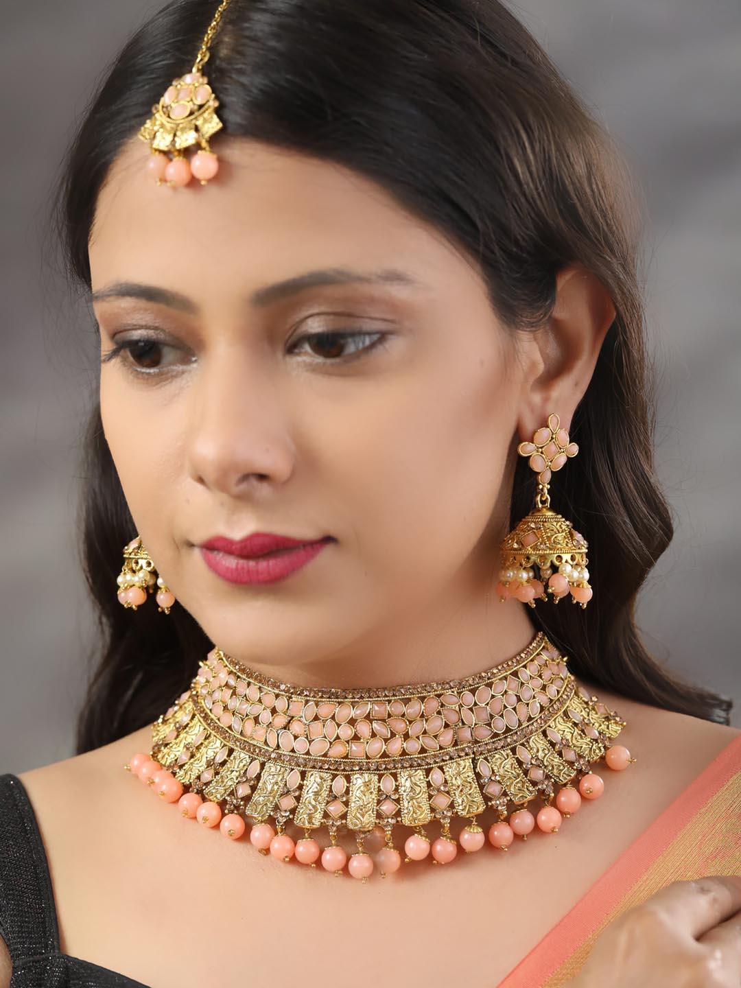 Women's Pink Kundan Gold Plated Choker Set with MaangTikka - Priyaasi - Indiakreations