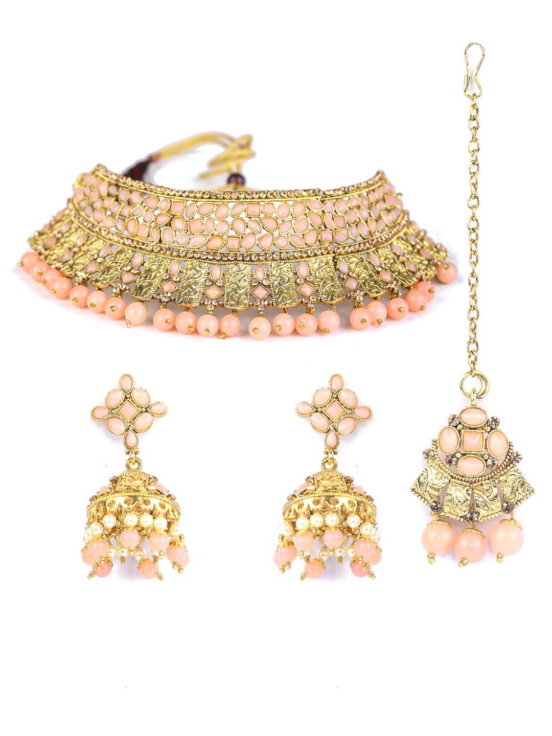 Women's Pink Kundan Gold Plated Choker Set with MaangTikka - Priyaasi - Indiakreations