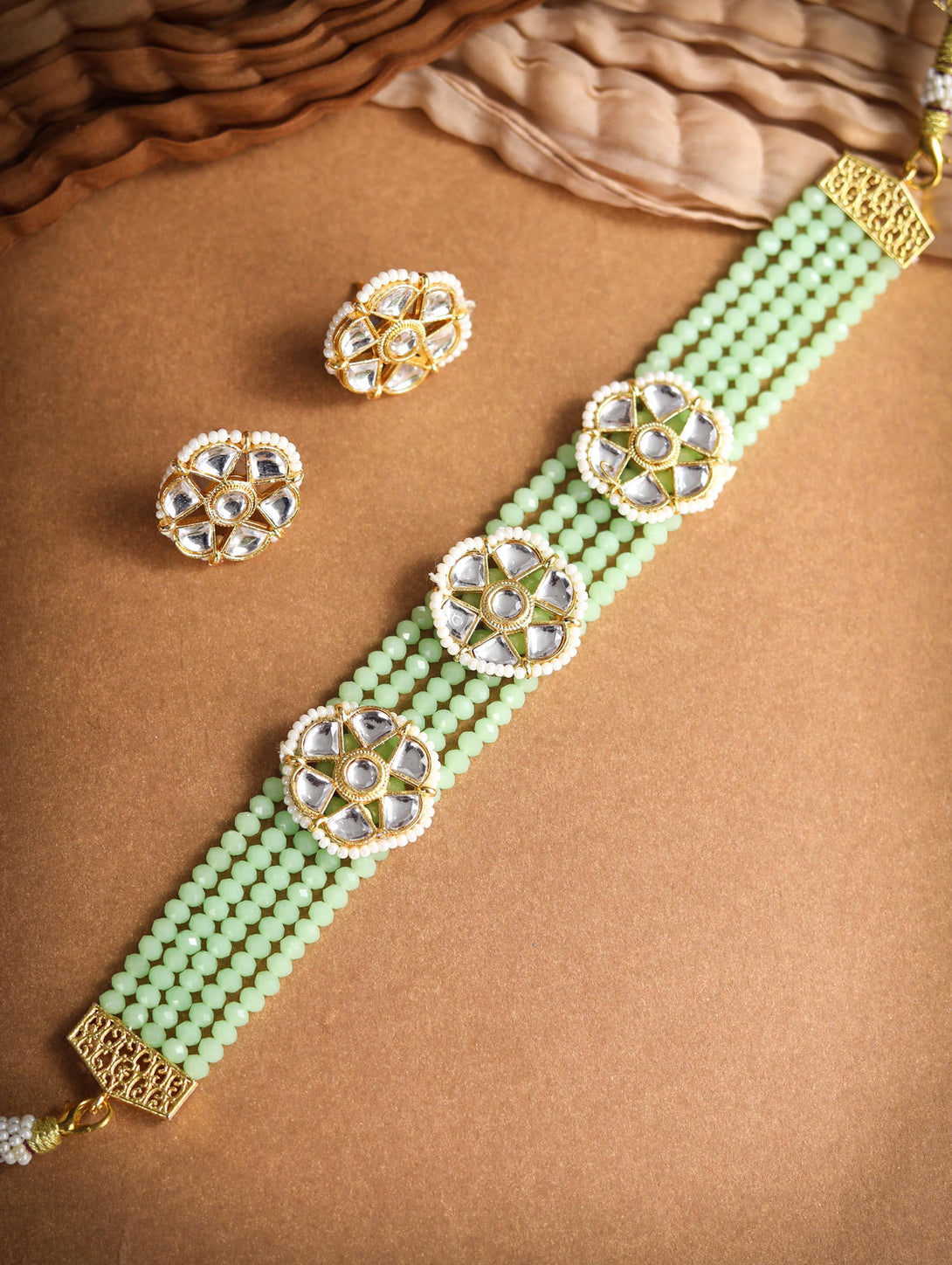 Women's Mint Green White Kundan Gold Plated Choket Set - Priyaasi - Indiakreations