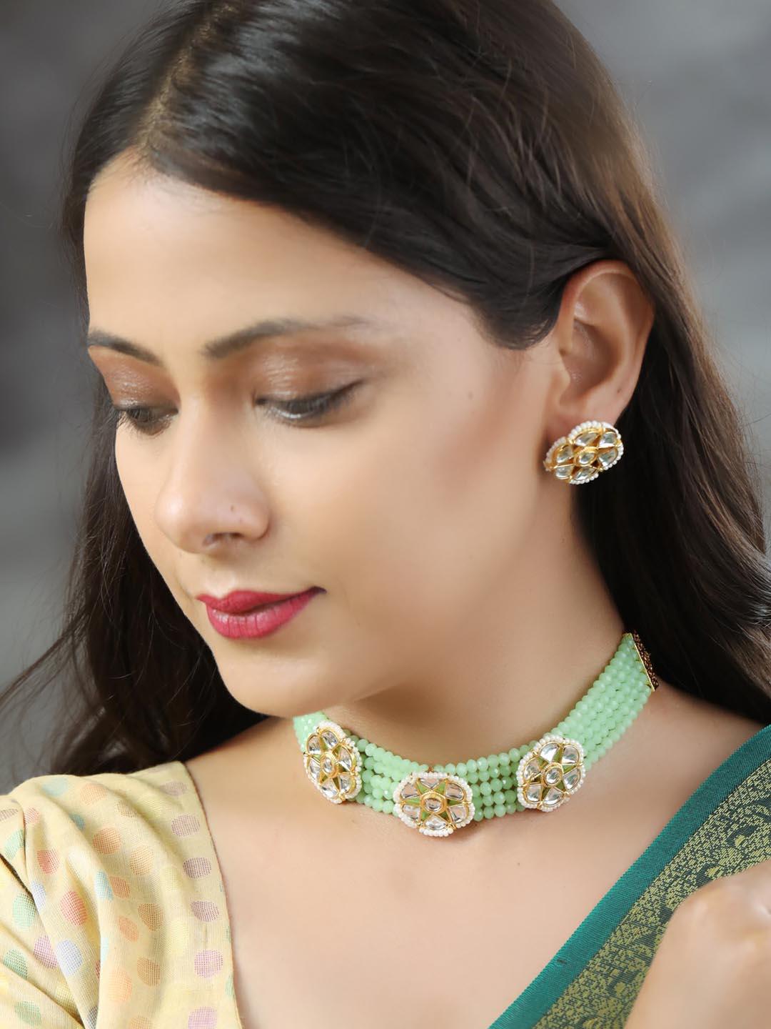 Women's Mint Green White Kundan Gold Plated Choket Set - Priyaasi - Indiakreations