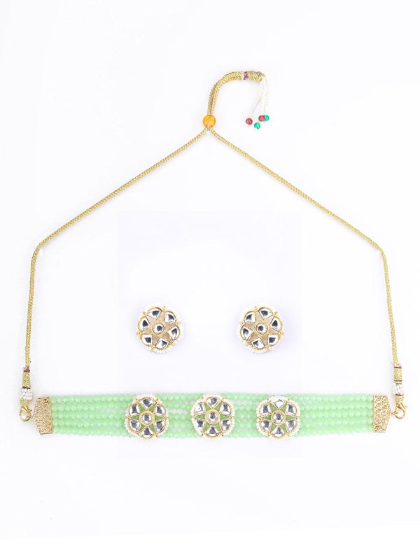 Women's Mint Green White Kundan Gold Plated Choket Set - Priyaasi