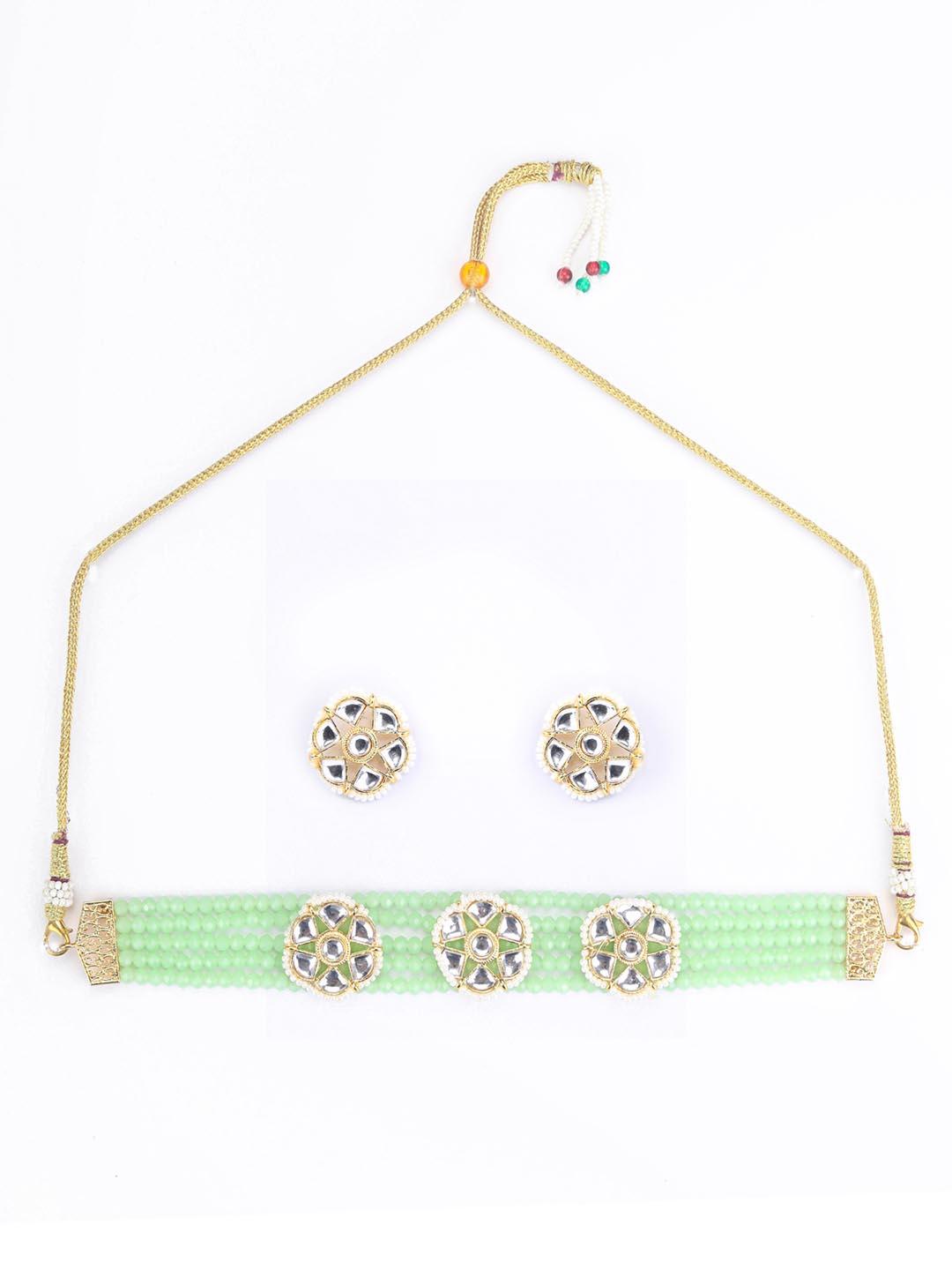 Women's Mint Green White Kundan Gold Plated Choket Set - Priyaasi - Indiakreations