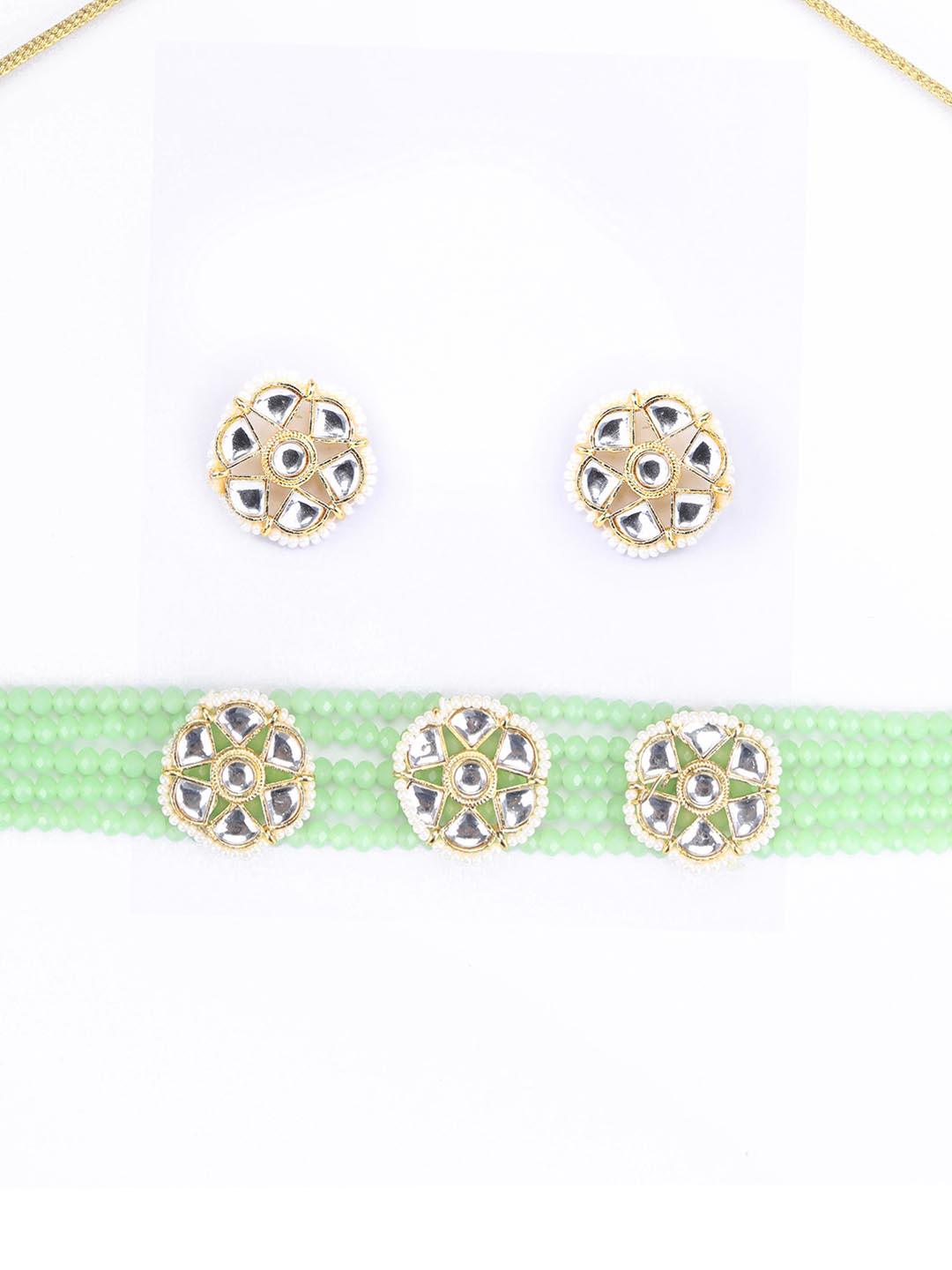 Women's Mint Green White Kundan Gold Plated Choket Set - Priyaasi - Indiakreations