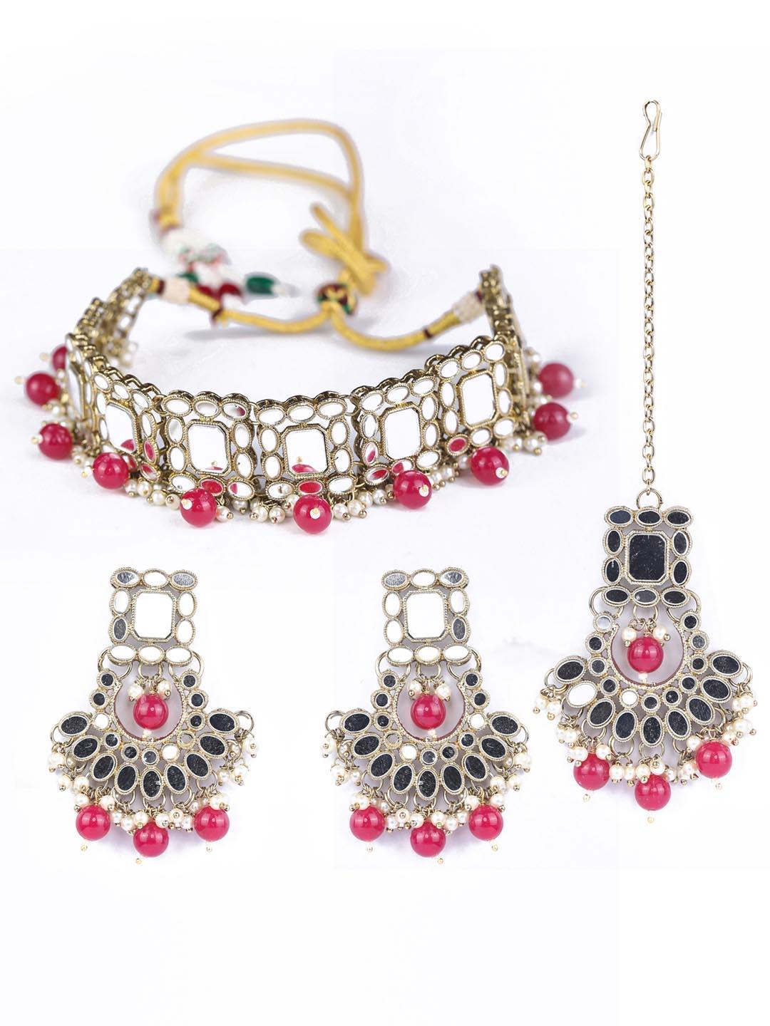 Women's White Maroon Kundan Gold Plated Choker Set with MaangTikka - Priyaasi - Indiakreations