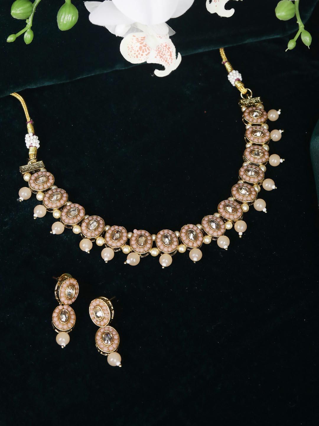 Women's Pink Peach Pearls Gold Plated Jewellery Set - Priyaasi - Indiakreations