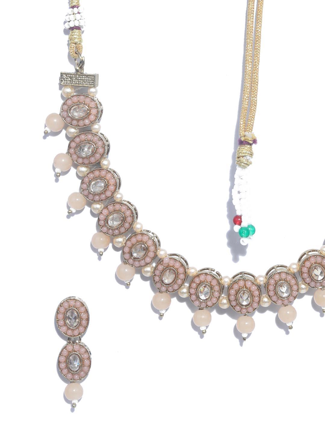 Women's Pink Peach Pearls Gold Plated Jewellery Set - Priyaasi - Indiakreations