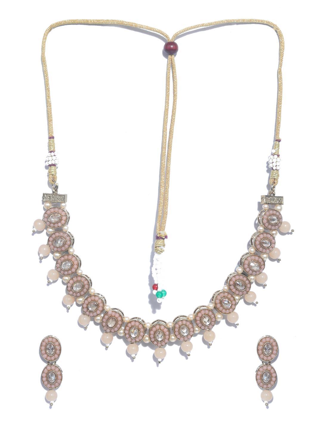 Women's Pink Peach Pearls Gold Plated Jewellery Set - Priyaasi - Indiakreations