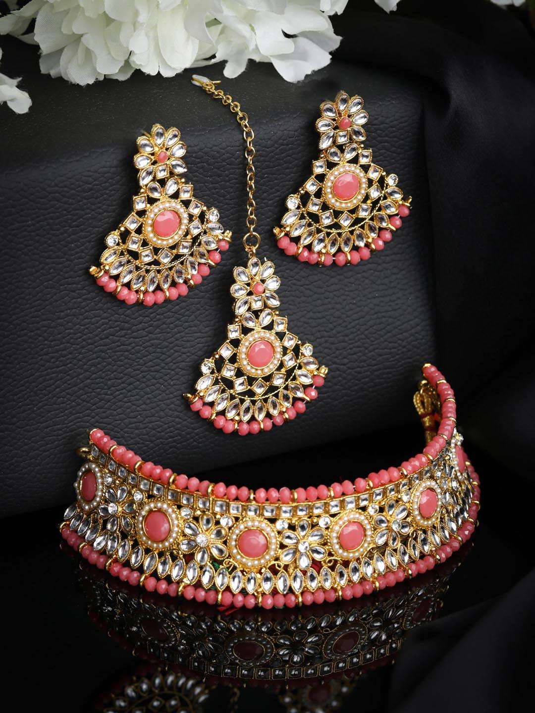 Women's Pink Kundan Pearls Gold Plated Choker Set With Maangtikka - Priyaasi - Indiakreations