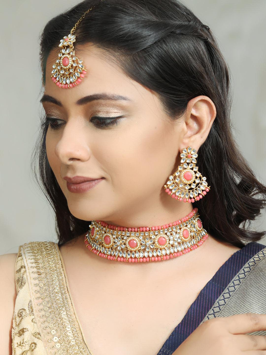 Women's Pink Kundan Pearls Gold Plated Choker Set With Maangtikka - Priyaasi - Indiakreations