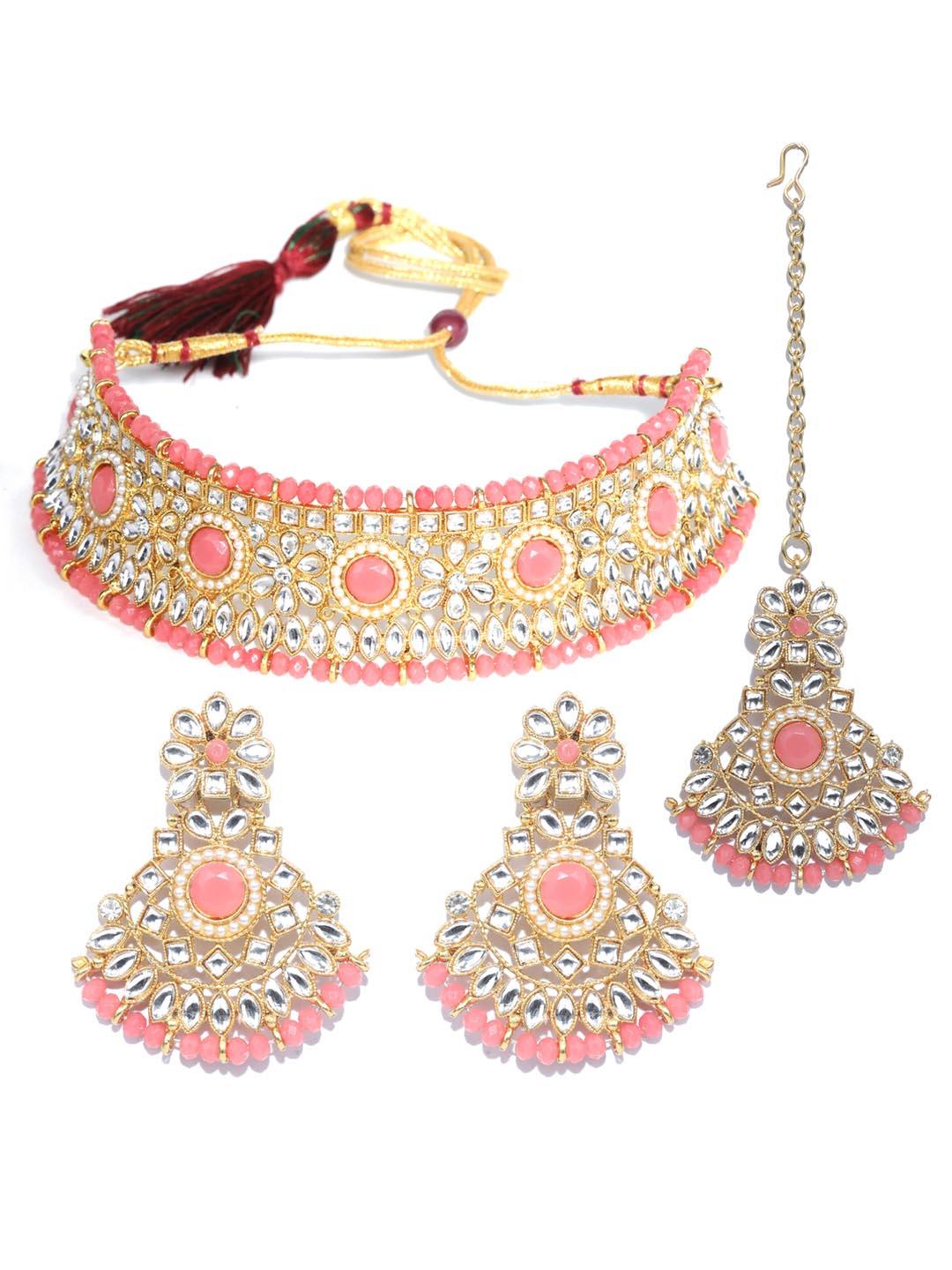 Women's Pink Kundan Pearls Gold Plated Choker Set With Maangtikka - Priyaasi - Indiakreations