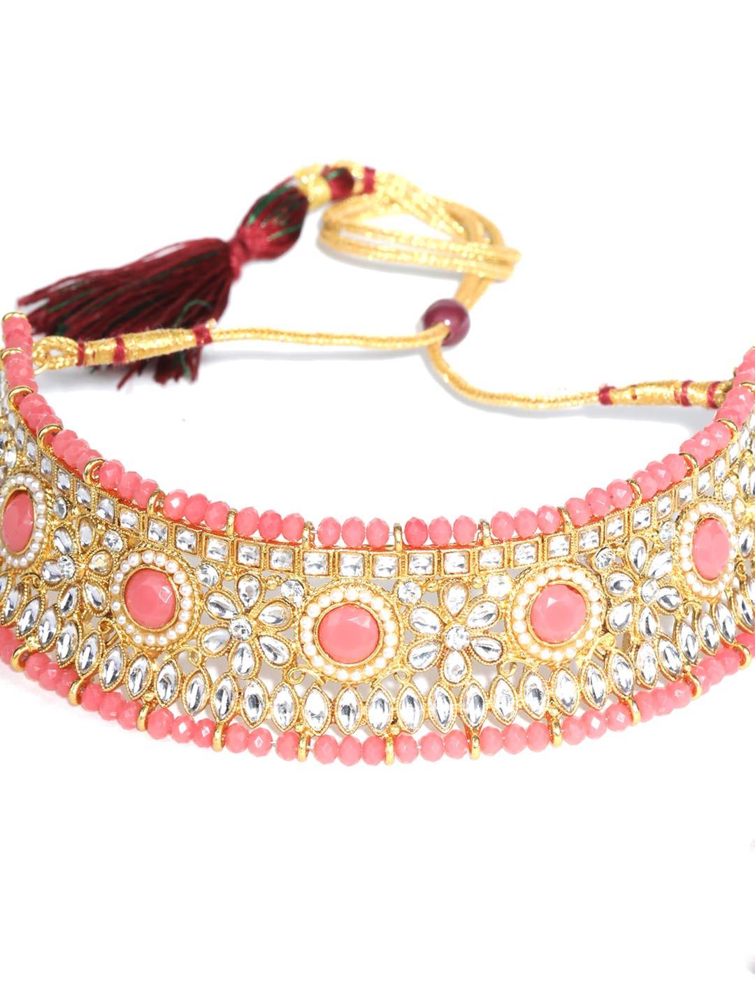 Women's Pink Kundan Pearls Gold Plated Choker Set With Maangtikka - Priyaasi - Indiakreations