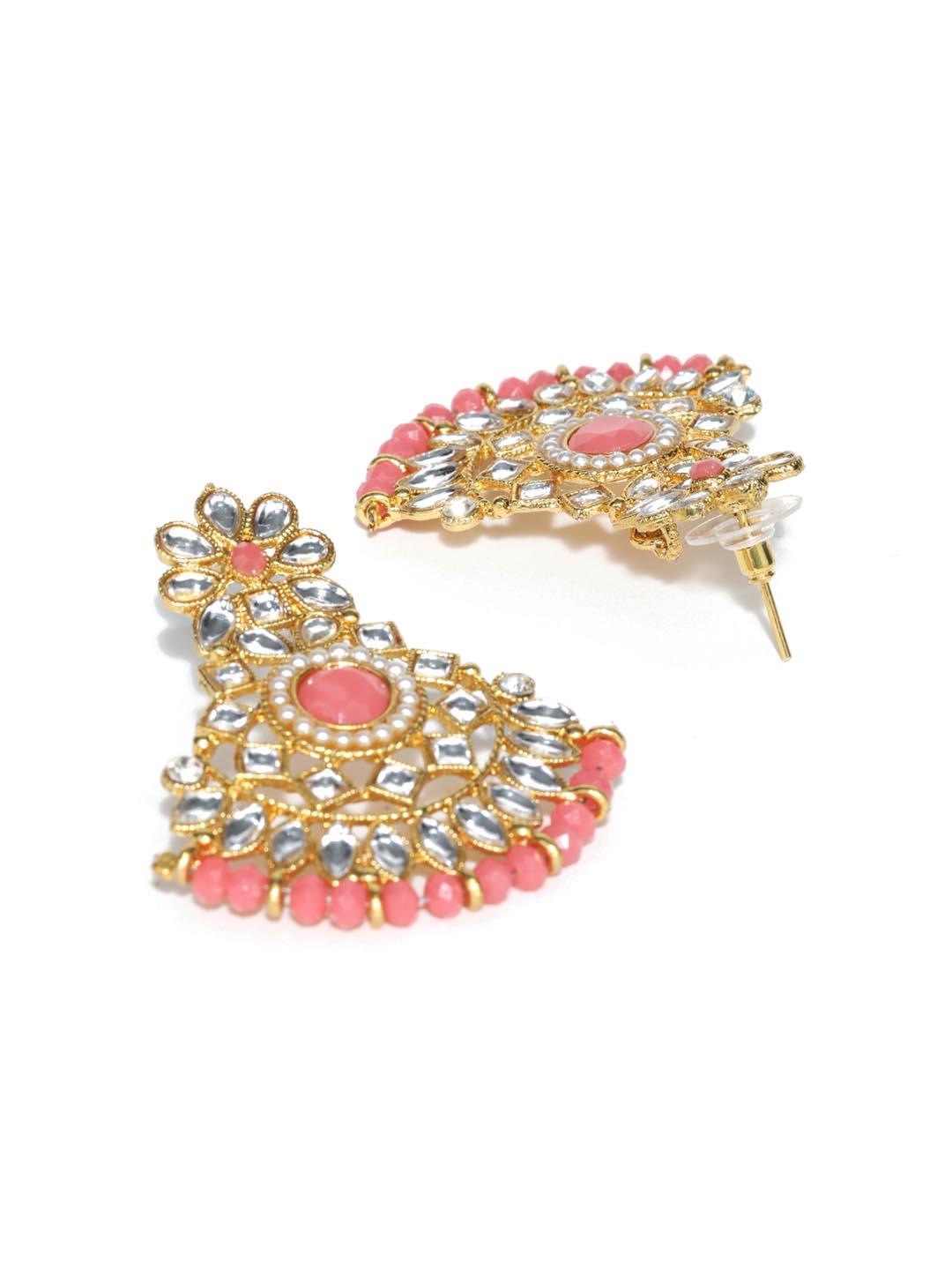 Women's Pink Kundan Pearls Gold Plated Choker Set With Maangtikka - Priyaasi - Indiakreations