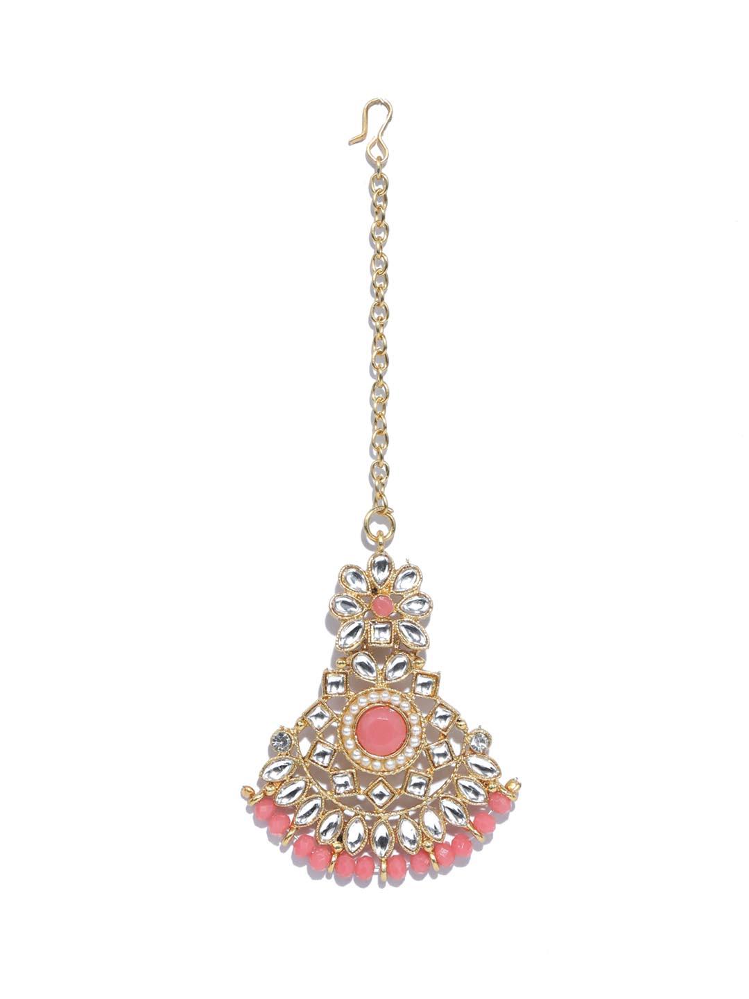 Women's Pink Kundan Pearls Gold Plated Choker Set With Maangtikka - Priyaasi - Indiakreations