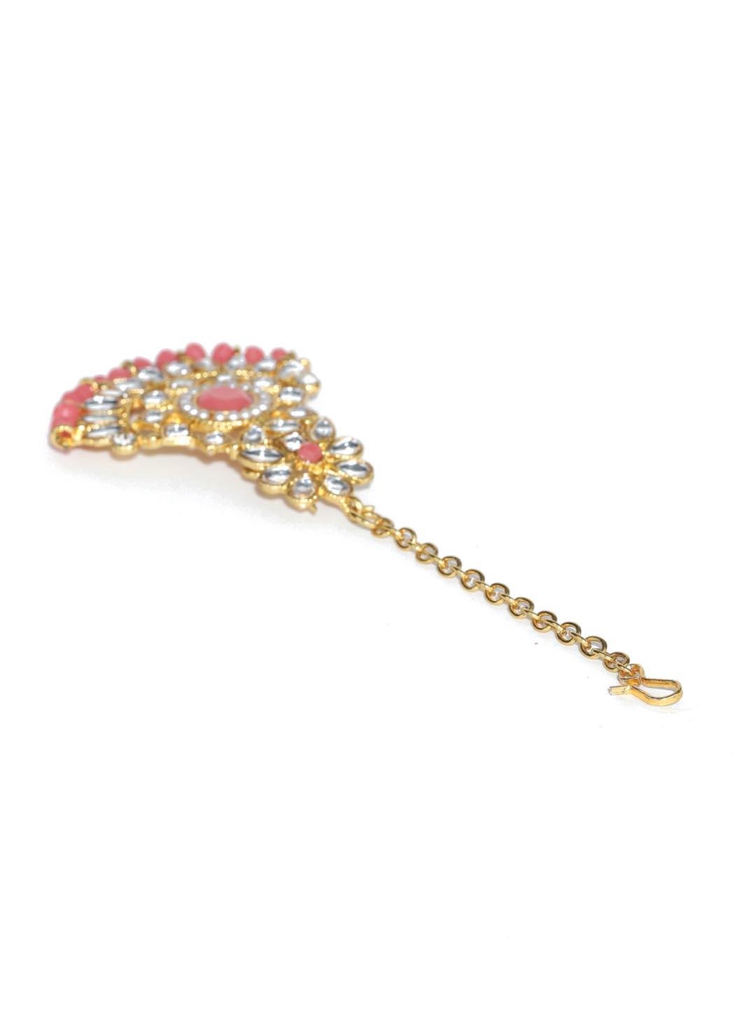 Women's Pink Kundan Pearls Gold Plated Choker Set With Maangtikka - Priyaasi - Indiakreations