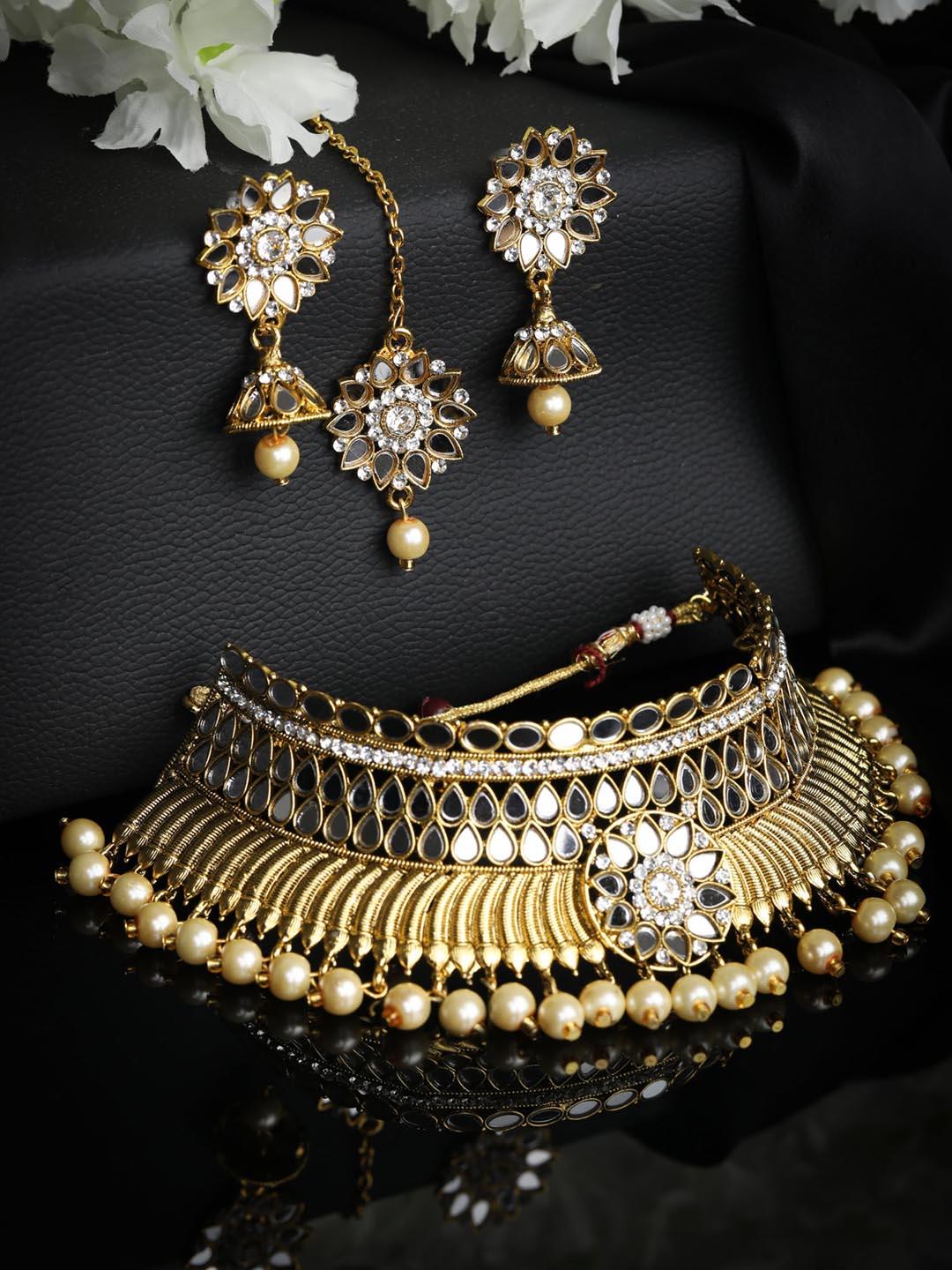 Women's Pearls Gold Plated Choker Set With Maangtikka - Priyaasi - Indiakreations