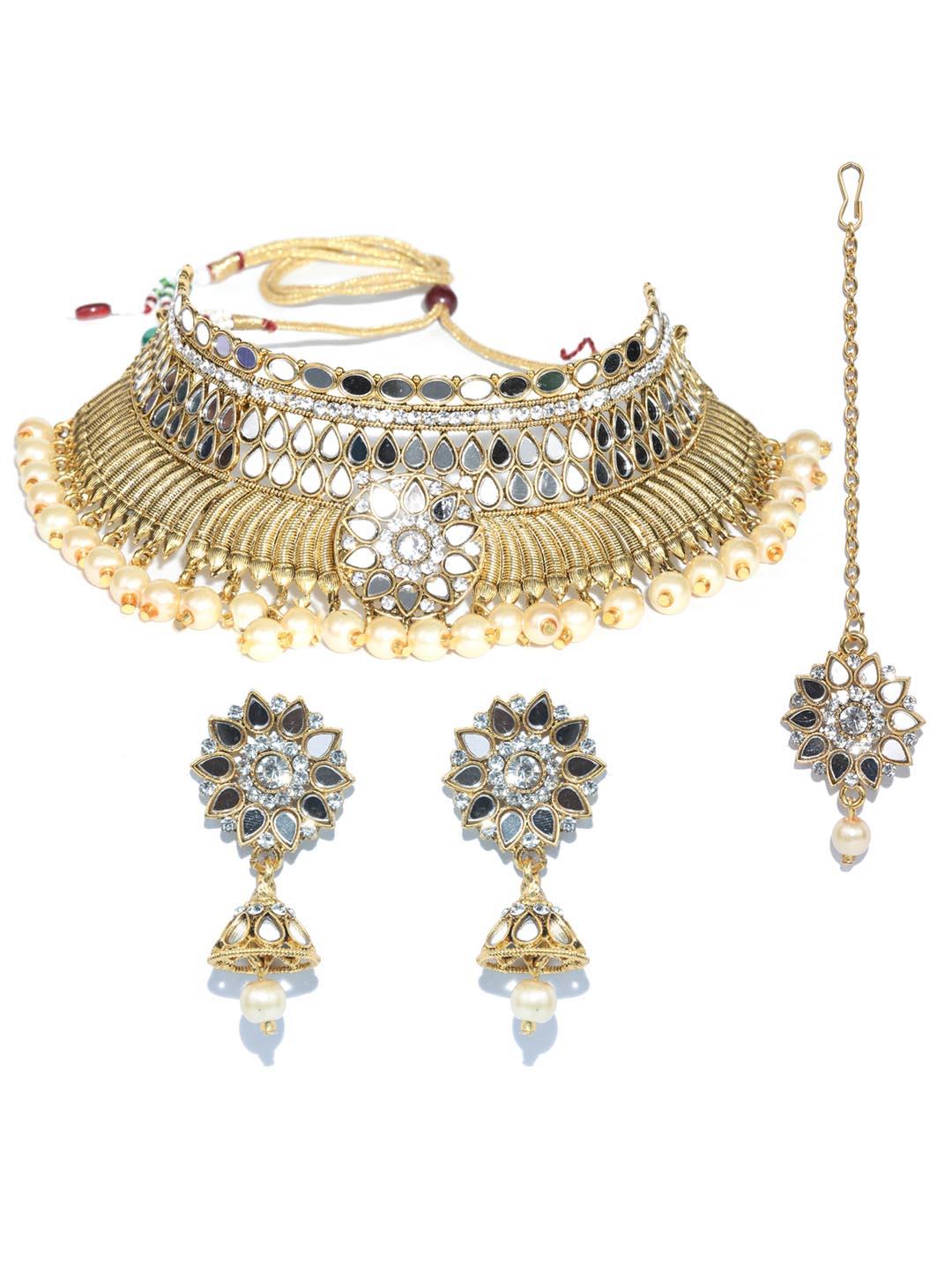 Women's Pearls Gold Plated Choker Set With Maangtikka - Priyaasi - Indiakreations