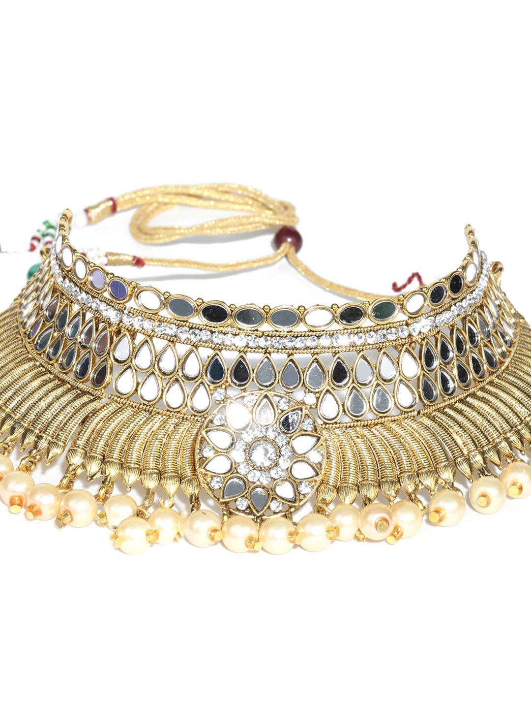 Women's Pearls Gold Plated Choker Set With Maangtikka - Priyaasi - Indiakreations