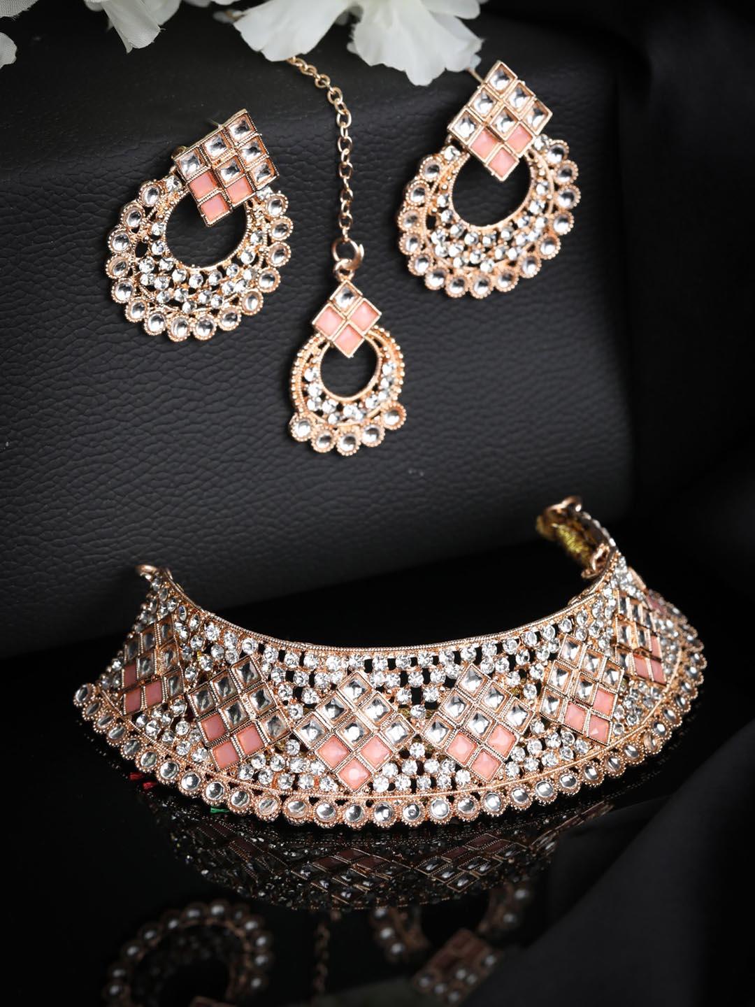 Women's Pink Kundan Stones Rose Gold Plated Choker Set with MaangTikka - Priyaasi - Indiakreations